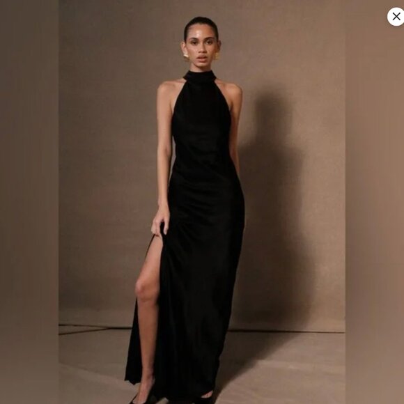 Meshki Claire Satin Drape Back Split Hem High Neck Maxi Dress Womens L Black - Picture 11 of 12